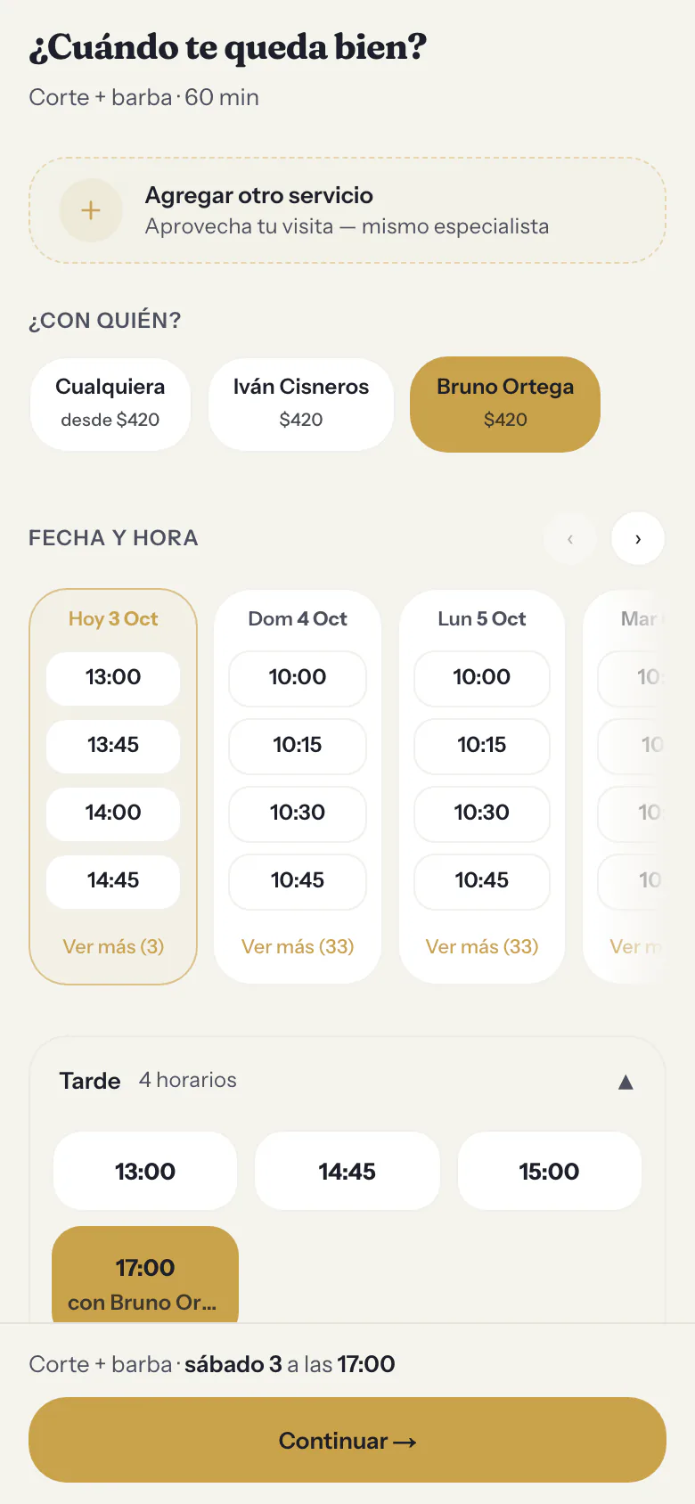 Página del salón: corte y barba con Bruno a las 17:00