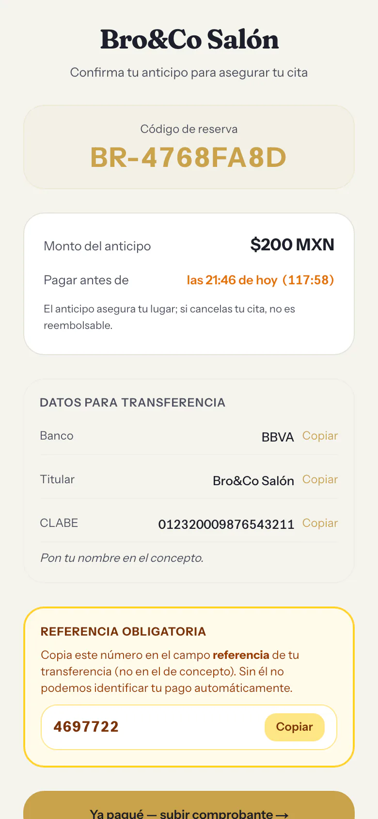 Pantalla de anticipo con los datos de transferencia del salón