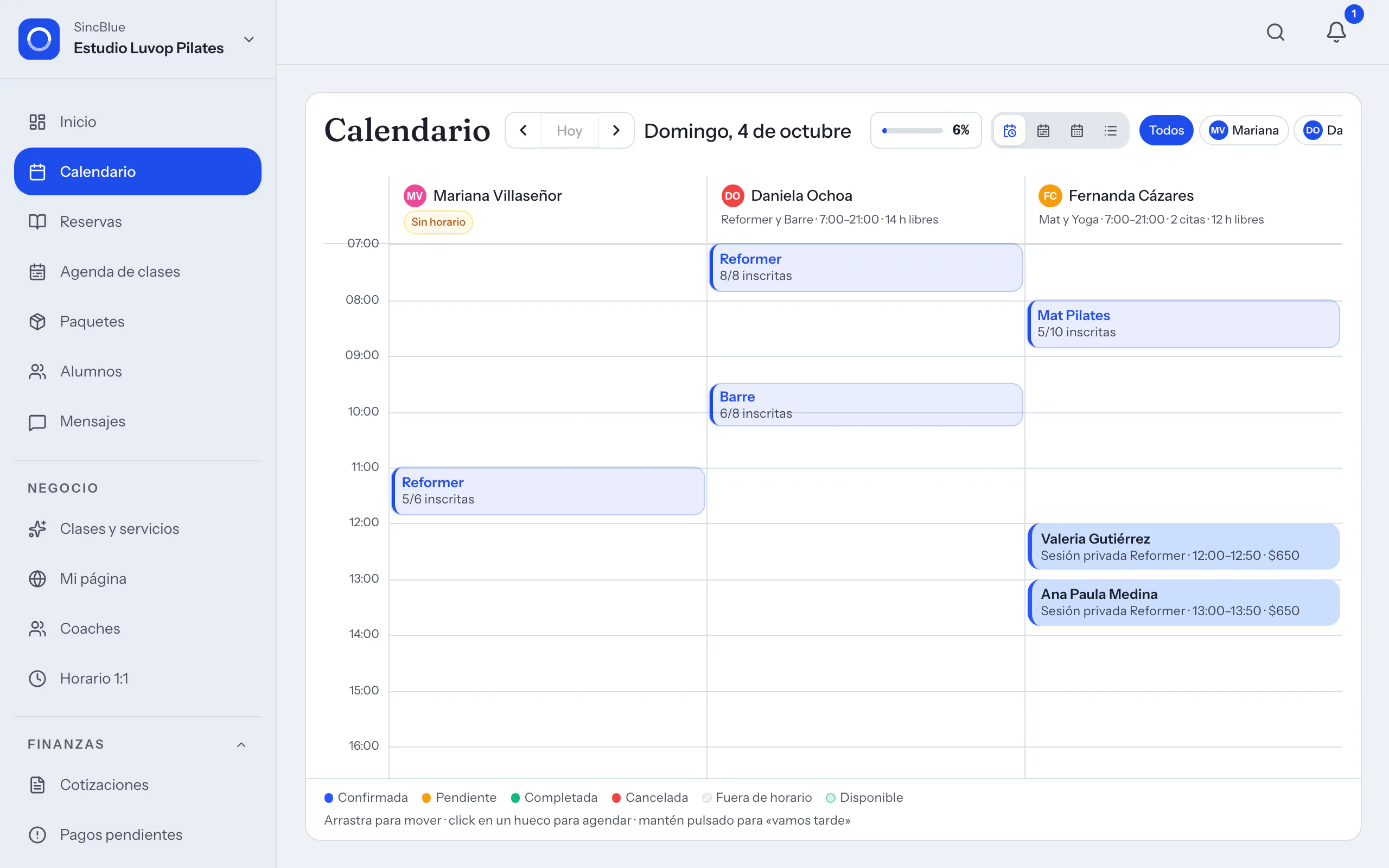 Calendario del estudio con una reserva nueva hecha desde el link público