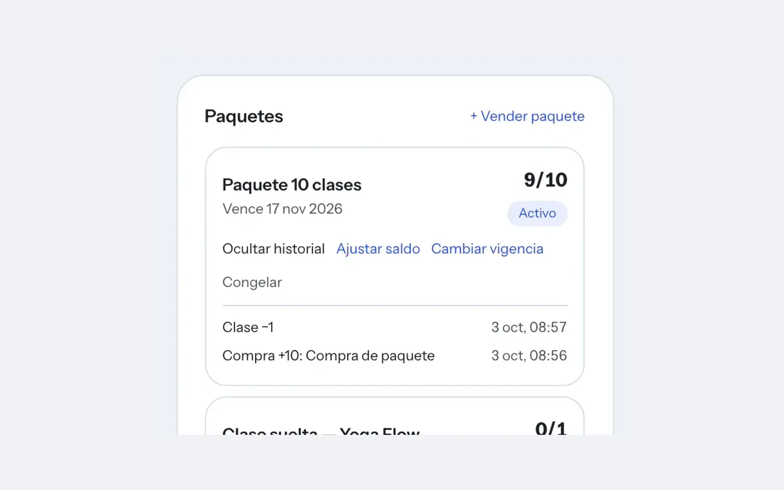 Ficha de la alumna con su paquete de 10 clases activo y el historial de créditos
