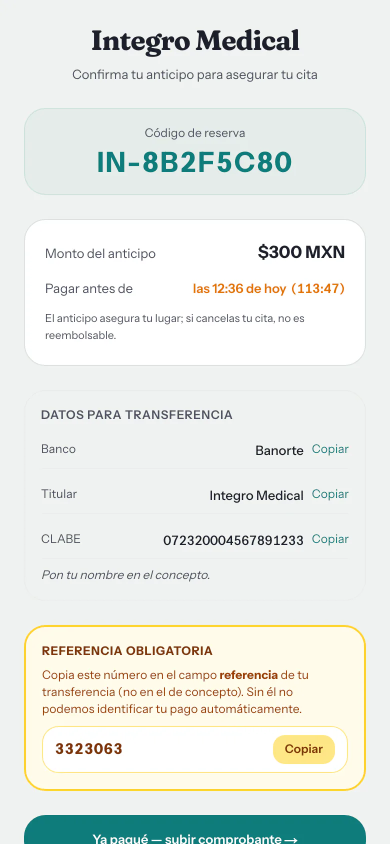 Pantalla de anticipo con los datos de transferencia del consultorio