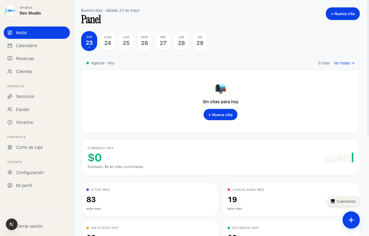 Panel de SincBlue con métricas del negocio